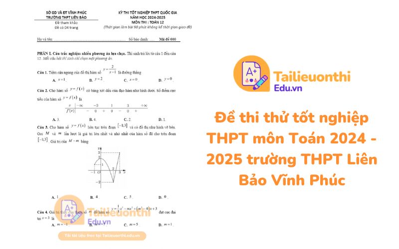 Đề thi thử tốt nghiệp THPT môn Toán 2024 - 2025 trường THPT Liên Bảo Vĩnh Phúc